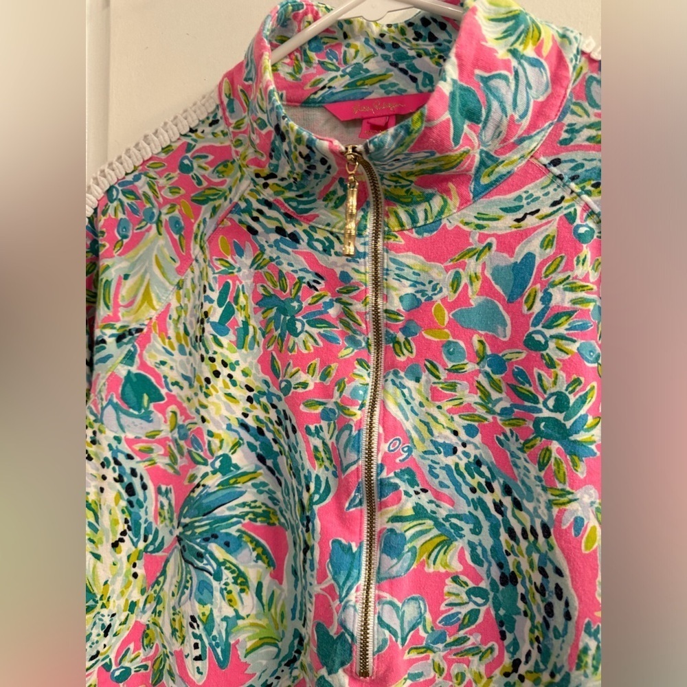Lilly Pulitzer Skipper Popover Multi Snap Back Medium Pink Green Half Zip - Picture 4 of 8